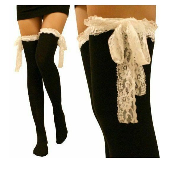 ICON Accessories - Black Cream Lace Over The Knee Socks Cable Knit